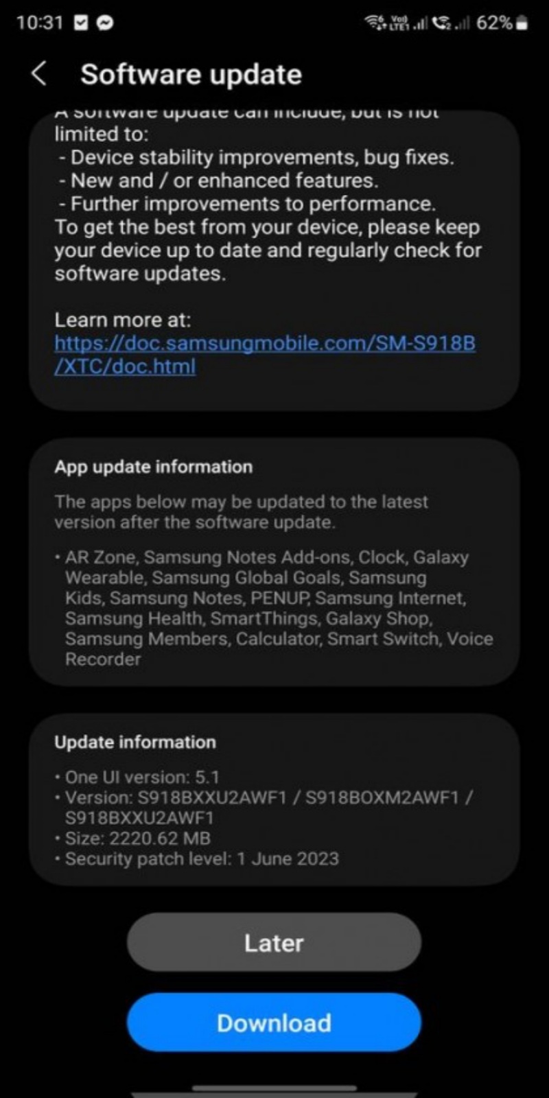 galaxy s23 güncellemesi